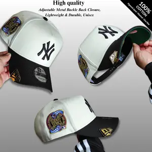 Cream Black New Era NY Yankees 9FORTY Baseball Cap, Subway Series Side Patch, Adjustable Metal Buckle Back Closure, 100% Cotton Lightweight, Streetwear Unisex, yankees fitted hat