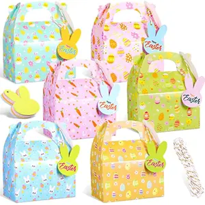 24 Pcs Easter Treat Boxes Paper Easter Gift Box Colorful Party Favor Gable Boxes Candy Cake Cookie Holder with Handle 24 Bunny Tags 16.4 Ft Cotton String for Holiday (Cute Style)
