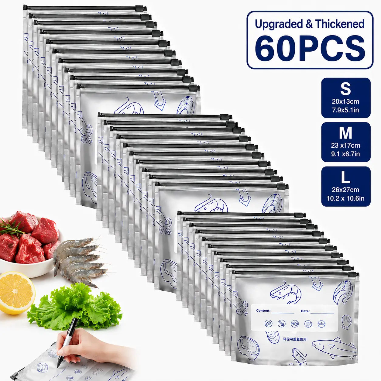 60PCS【Refrigerated Food】Reusable Aluminum Foil Sealable Storage Bags, 2026 New Resealable Vacuum Zipper Pouches for Food, Stand Up Foil Sealable Bags with Label and Zip Lock for Vegetable Fruit Meat