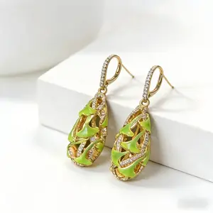 Luxury Green Enamel Ginkgo Leaf Drop Earrings with Crystal Accents