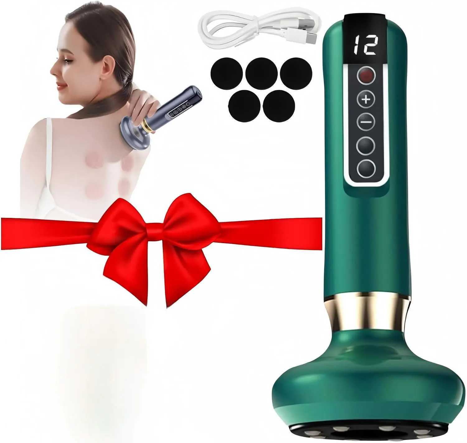 Smart Electric Gua Sha & Cupping Massager for Neck & Back Pain Relief, Battery Powered Back Massagers with 12-Level Adjustable Suction for Women & Men