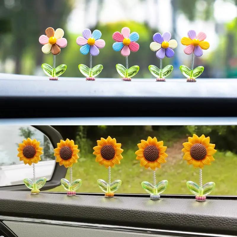 JOYTUTUS 5-Piece Cute Sunflower Car Dashboard Ornament Set - Shaking Head Interior Accessory for Center Console, Car Accessories Gift (Father's Day, Graduation Presents), Car Accessories Cute