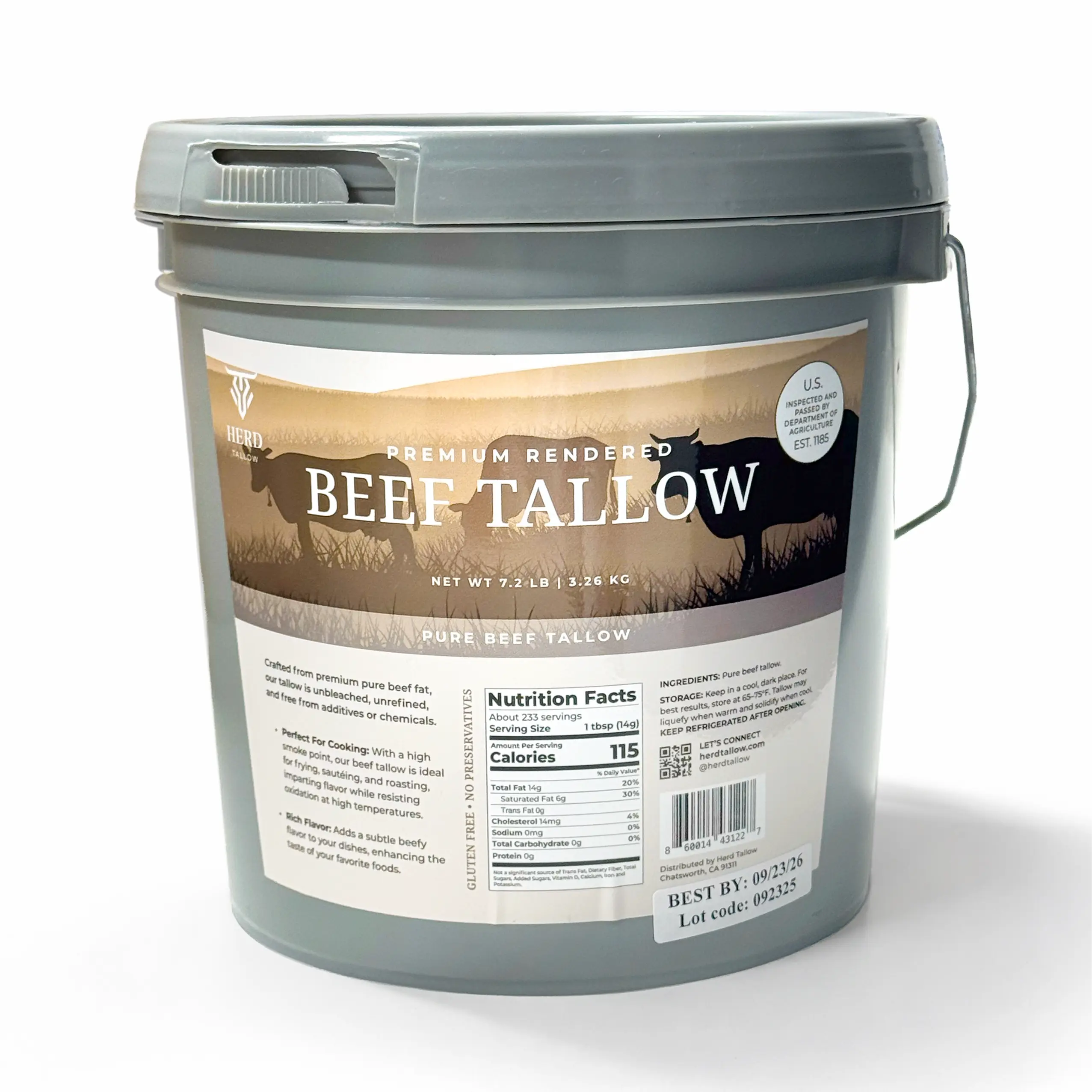 Herd Tallow 100% Beef Tallow for Cooking 7.2lbs Bucket - Pure, Premium Quality Cooking Tallow - Perfect for Deep Frying, Cooking Oil, Keto Friendly