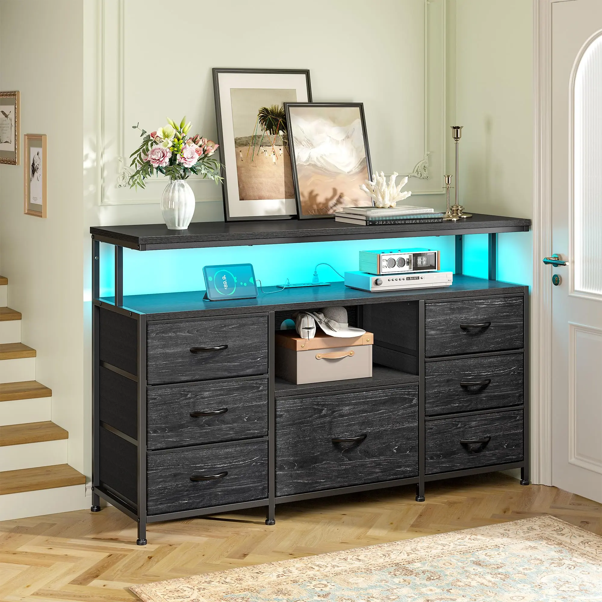 Raybee Dresser for Bedroom with 7 Drawers for 60" TV, with LED Lights & Charging Station, Long Dresser with Shelves & 4 Hooks, Sturdy Metal Frame & Fabric Drawers