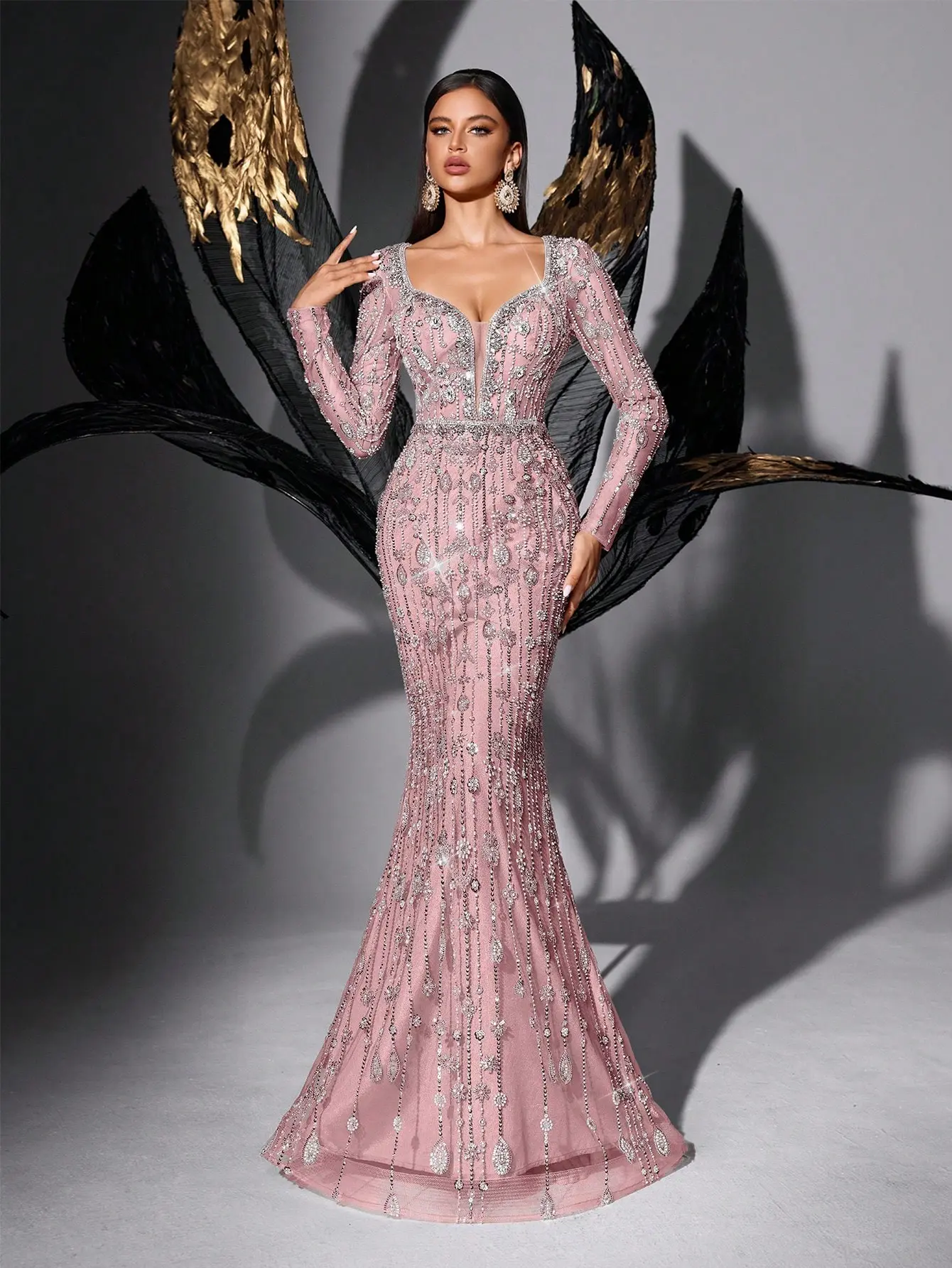 Women's Soft Fabric Long-Sleeve Rhinestone Mermaid Evening Gown - Elegant Sweetheart Neck, Hand-Beaded Formal Party Dress for Pageants & Proms Pink Polyester