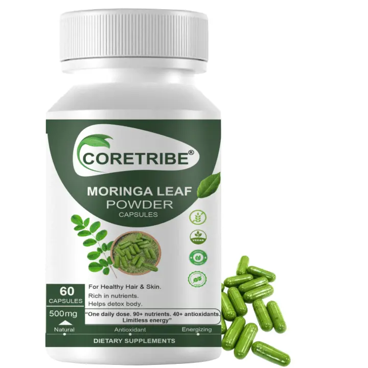 CoreTribe Moringa Capsules - 60 Count Pure Moringa Powder Supplement, Plant-Based Amino Acids, Antioxidants, Essential Vitamins, Immune Support, Daily Wellness, Natural Ingredients for Energy & Gut Health