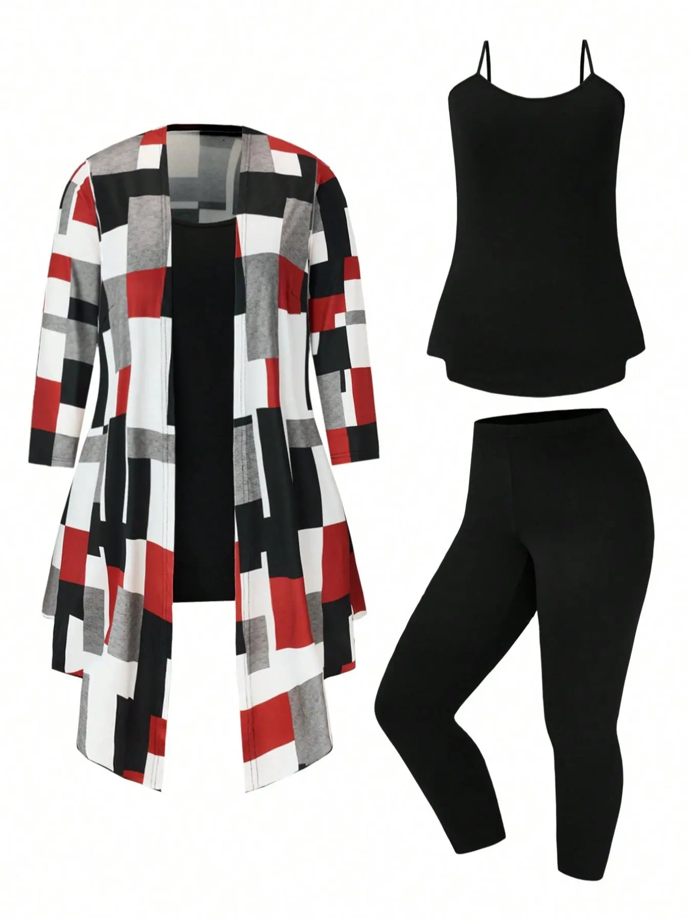 【Plus Size】 Three-Piece Set Colorblock Print Open Front Long Sleeve Outerwear & Adjustable Camisole Top & Elastic Waist Pants, Casual Fashion Fitted Cozy Outfits for Daily Wear, Lady Clothing for All Seasons, Womenswear