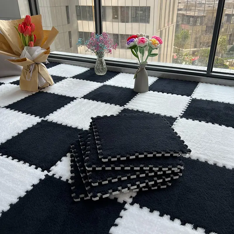 48-Piece Fleece-Backed Patchwork Carpet Eva Floor Mat Washable Squares Puzzle Mats for Room Bedside Living Room Hallway Interlocking Washable Rugs