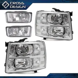 CROSSDESIGN CHROME HOUSING CLEAR CORNER HEADLIGHT +FOG LIGHTS Fit For 07-13 CHEVY SILVERADO 1500/07-14 Chevy Silverado 2500 3500&HD Models