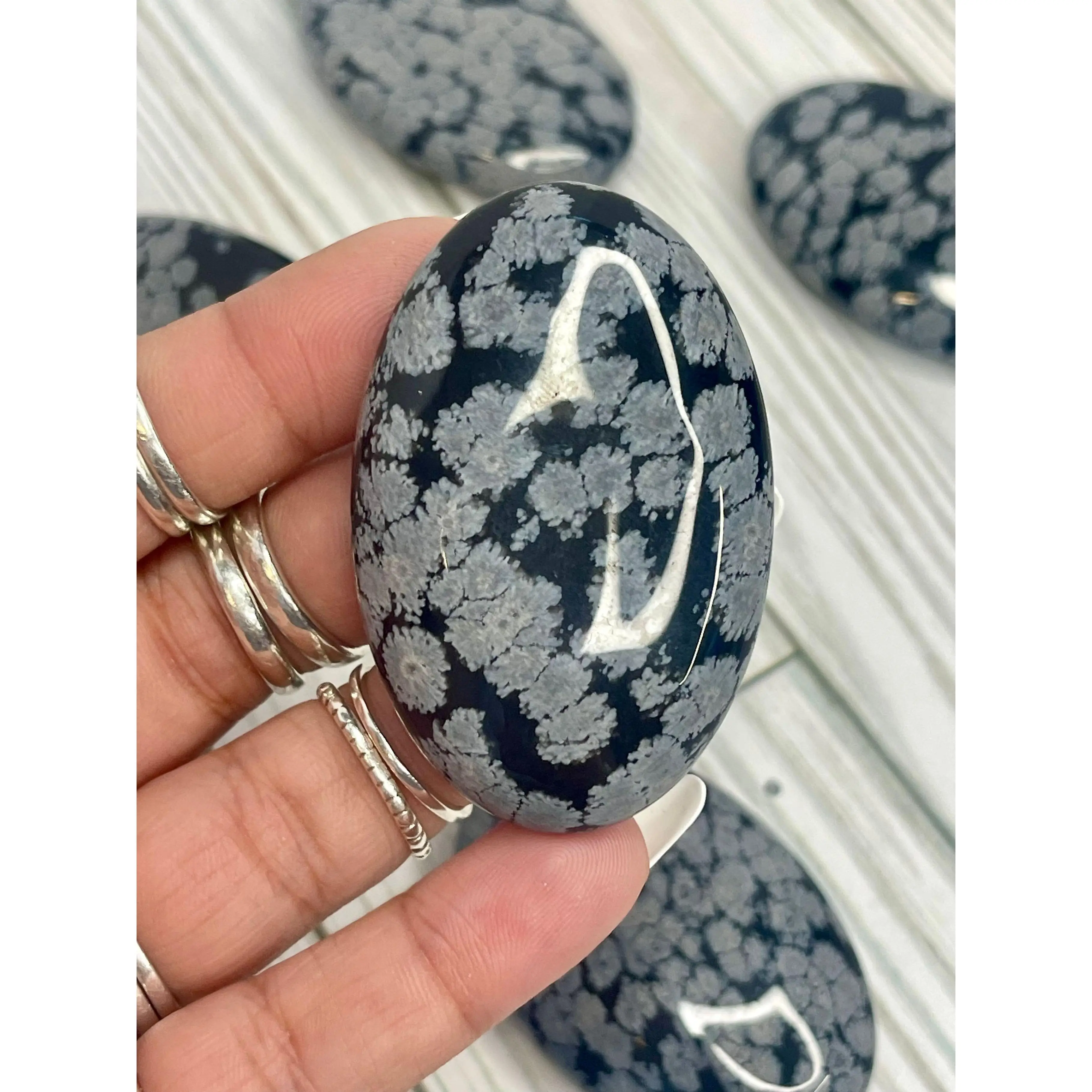 Natural Snowflake Obsidian Palmstone Crystal Carvings - Chakra Energy Stone for Peace, Protection, Grounding