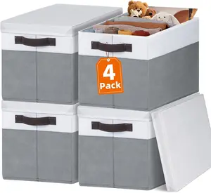 Large Closet Storage Baskets Bins with Lids 4 Pack, Storage Baskets for Organizing Shelves Nursery Bedroom, Home Dorm Closet Organizers Cubes for Clothes Toys Blanket Book - Stackable -14x10x9.5