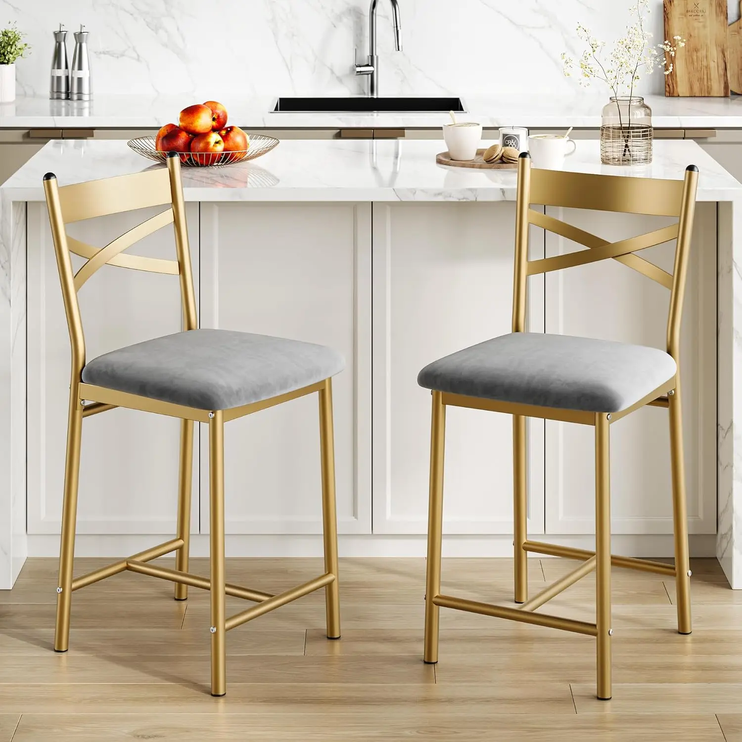 Gold Bar Stools Set of 2, Upholstered Bar Chairs with Back, Thick Cushion, Counter Height Barstools for Kitchen Island Apartment Counter Bar