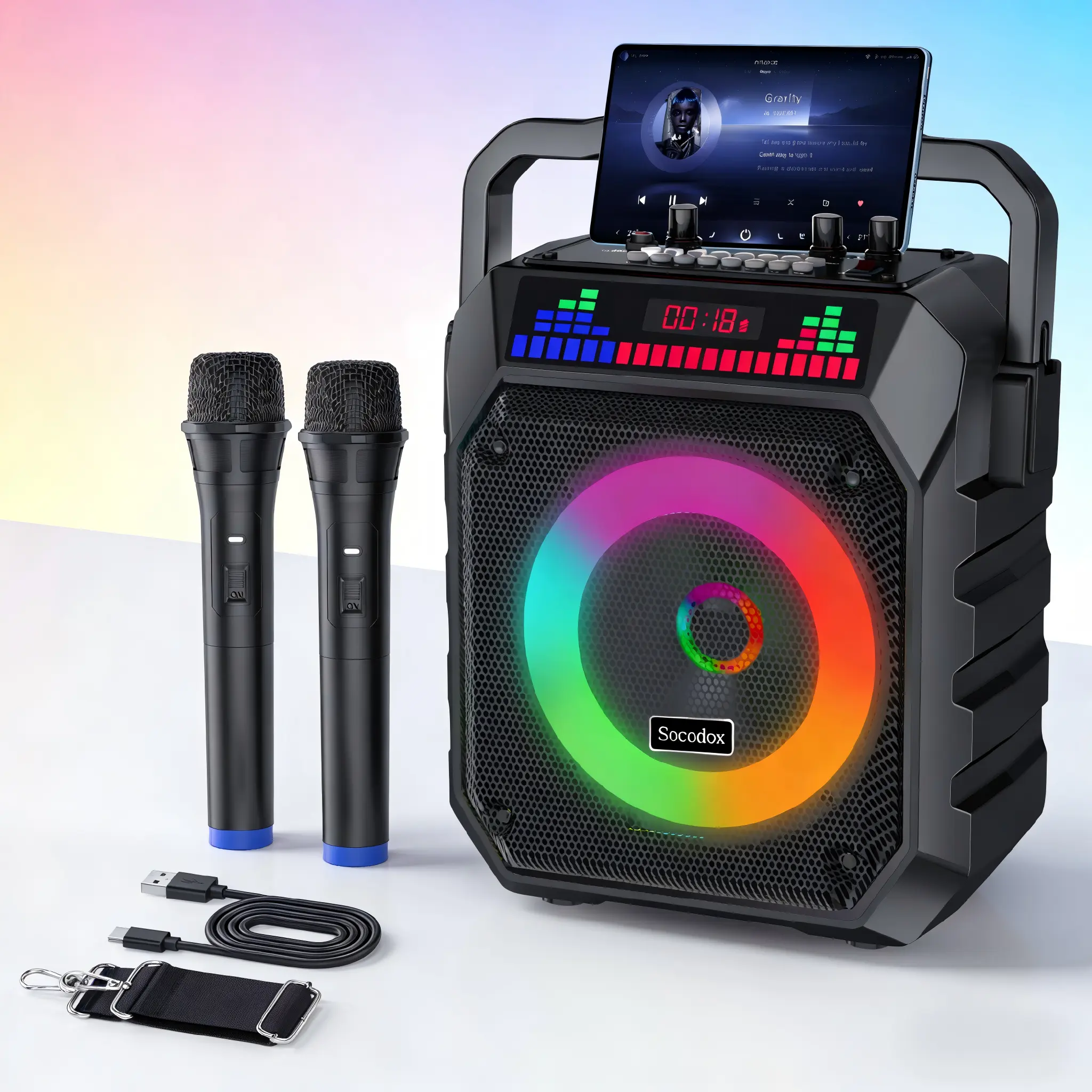 Socodox Portable Karaoke Machine with 2 Wireless Microphones, Bluetooth 5.2 Stereo Bass Speakers, Dynamic RGB LED Party Lights, Detachable Shoulder Strap, AUX/USB/TF Ports, Compact Handle Sound System for Outdoor Family Party, Birthday Gift