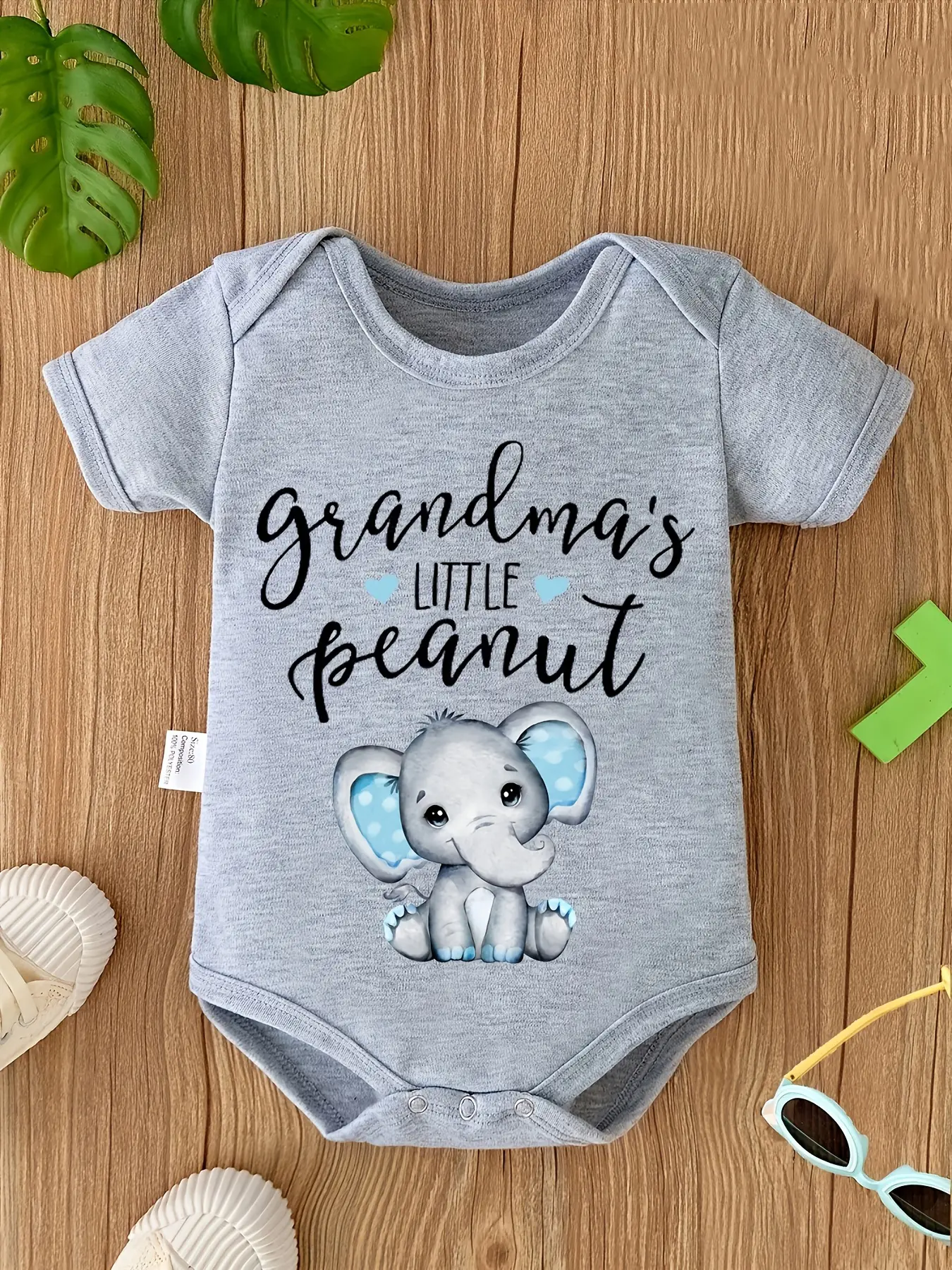 Unisex Baby Bodysuit, "Grandma's Little Peanut" Elephant Print Short Sleeve Cotton Onesie for Newborn Infants, Newborn Onesies, Baby Items, Jumpsuit, Baby Girl Clothes
