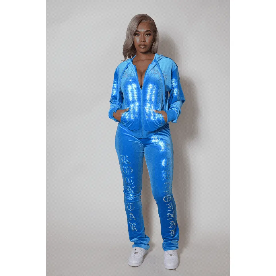 Doniqua Blue Rhinestone Velour Stacked Track Set