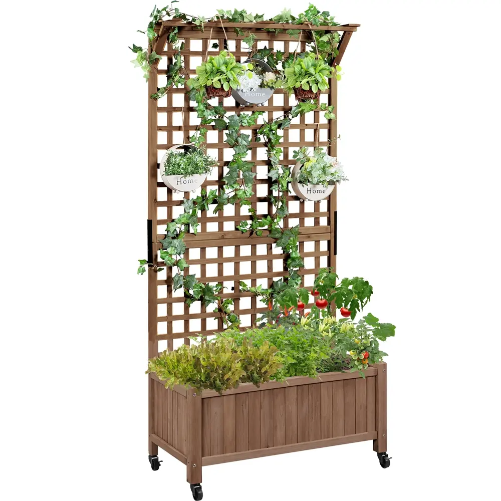 Costoffs 72" H Rustic Fir Wood Portable Raised Garden Bed with Trellis - Climbing Planting Stand, Wheels, Drainage, Outdoor Free-Standing Planter for Climbing Vines, Vegetables