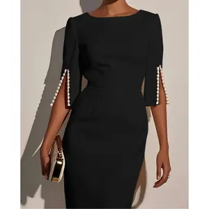 All-Season Solid Color Imitation Pearl Classic Boat Neck Slim Fit Back Zipper Mid-Length Slit Sleeve Elegant Dress Elegant Special Bodycon Formal