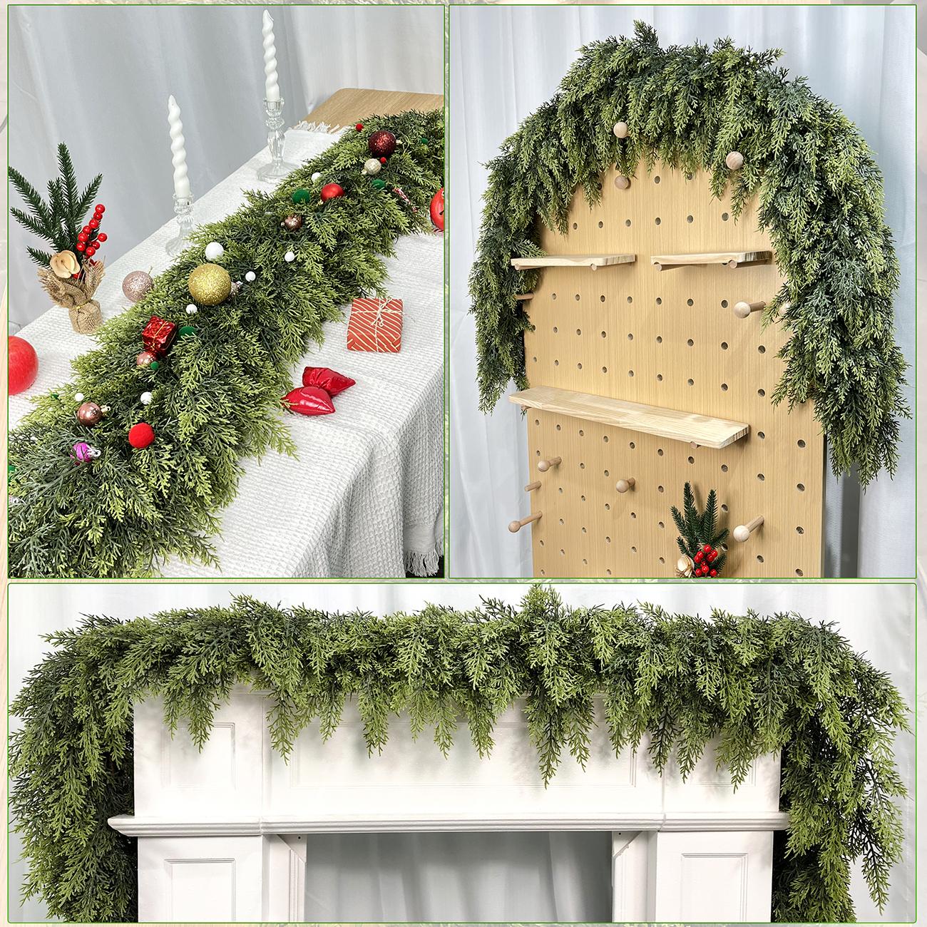 6 FT 2 Pcs Artificial Cedar Garlands, Real Touch Winter Cedar Garland, Green Artificial Greenery Pine Garland for Table, Mantle, Wall, Indoor, Outdoor Christmas Decorations (2, 6 FT)