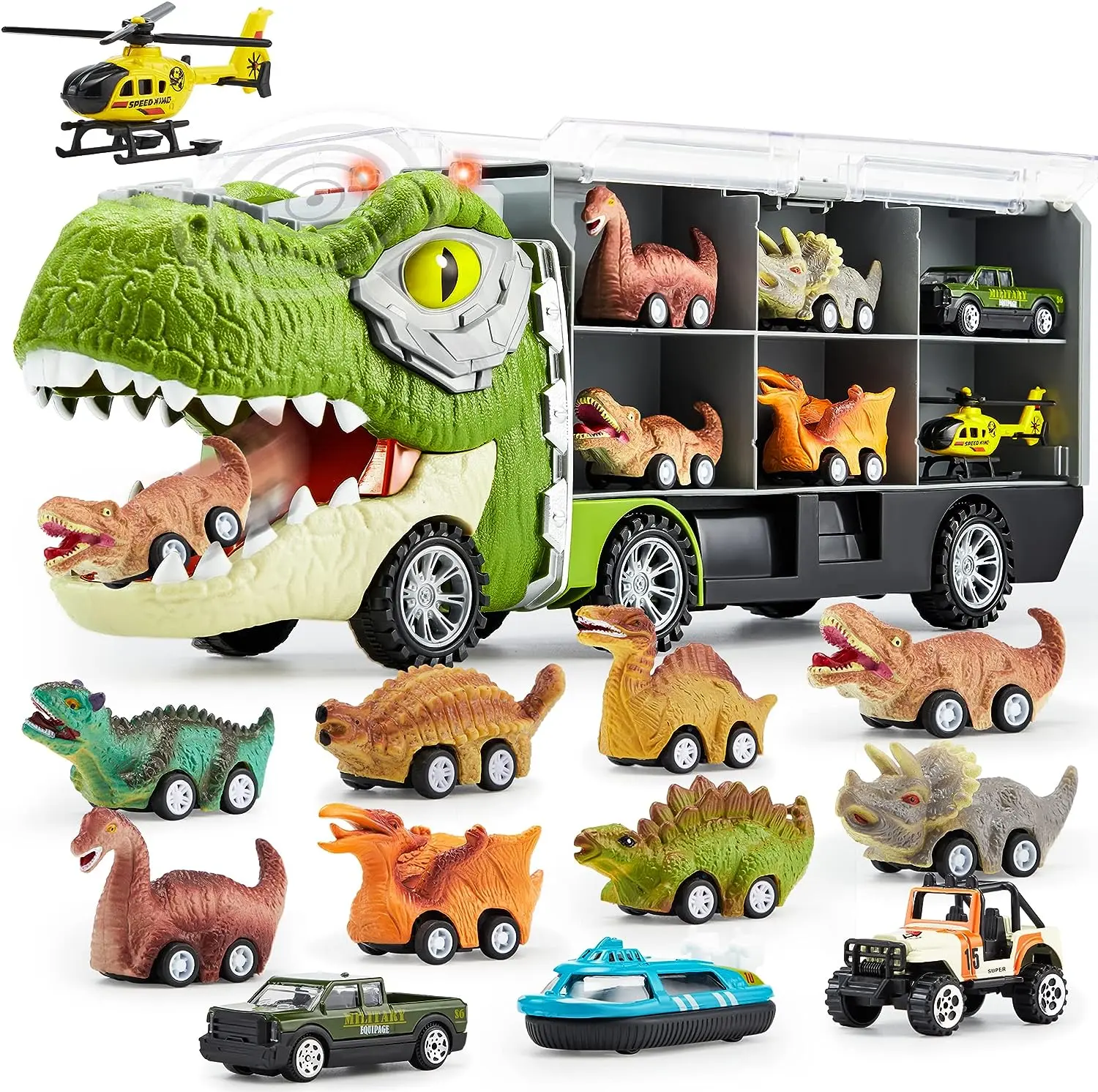 JOYIN 17inch 13 in 1 Dinosaur Transport Carrier Truck Set with 12 Pull Back Cars & 3 Die-cast Vehicles for Kids 3+ Year Old Boys Tyrannosaurus Truck & Triceratops Truck