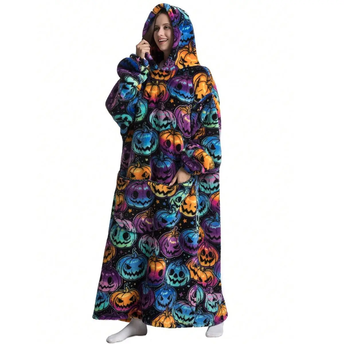 Oversized Hooded Flannel Wearable Blanket - 1 Size Long-Sleeves Hoodie with Big Pocket, Cartoon Character Pumpkin Pattern, Ideal for Halloween Wear & Birthday Gifts Blanket Home Essentials