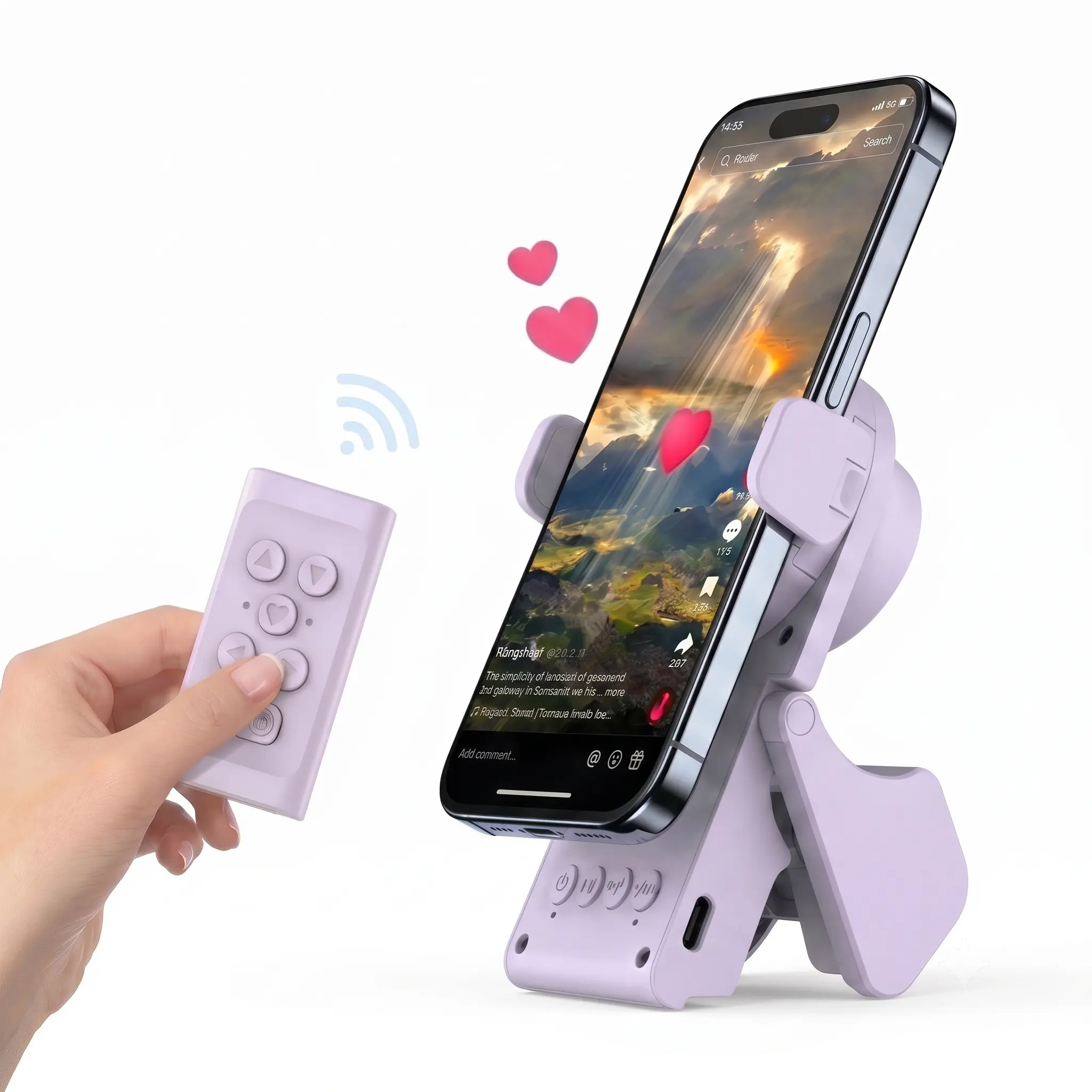 Bluetooth TikTok Scrolling Remote Control with Folding Cellphone-Smartphone Stand, Speaker, Wireless Camera Shutter, Kindle Page Turner, Selfie-Video Recording Accessories for iPhone & Android