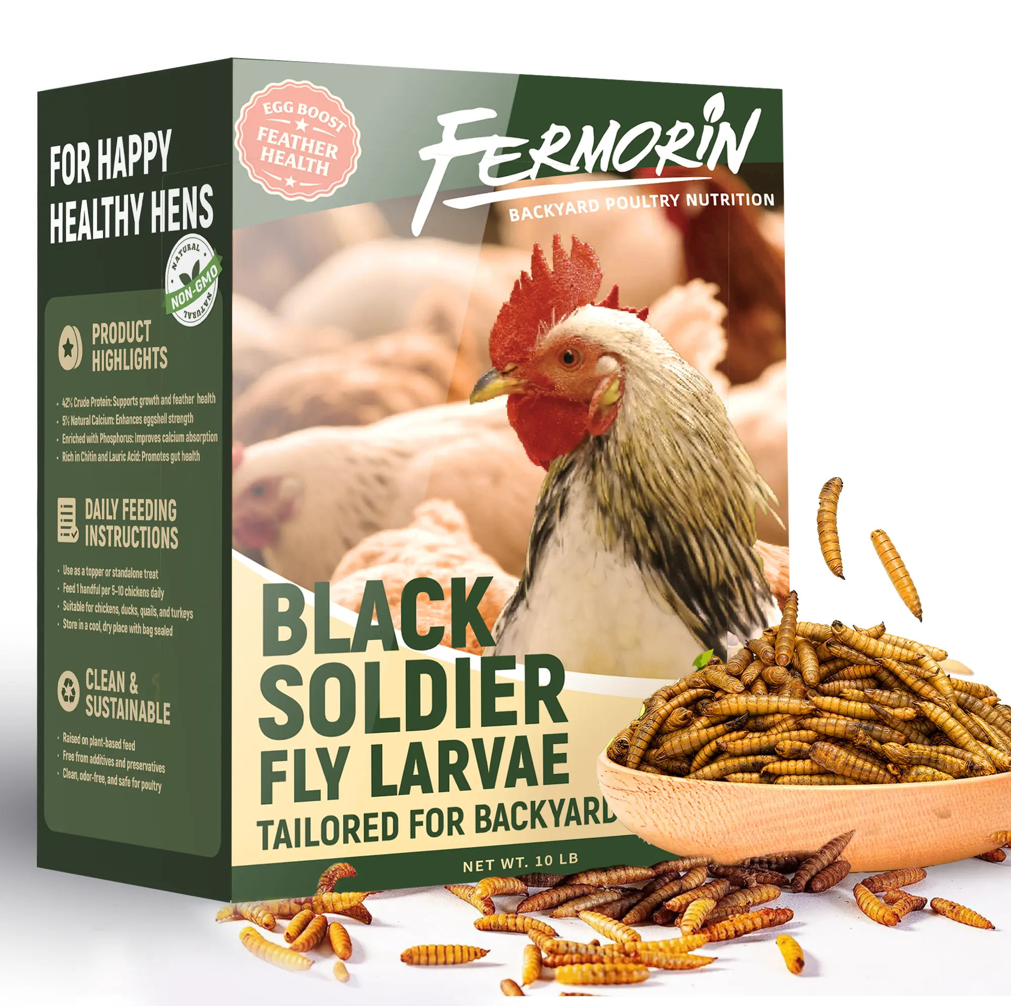 Fermorin 5/ 10/ 1lbs Dried Black Soldier Fly Larvae for Chickens, High Protein Chicken Feed with More Calcium Than Mealworms, Non-GMO Natural BSFL Treats for Laying Hens, Ducks, Quail, Birds & Reptiles