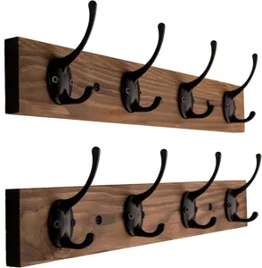 Coat Hooks Wall Mounted, Wooden Hat Rack with 4 Hooks for Entryway, Bathroom,Bedroom(2 Pack,Brown)