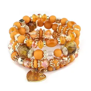 The Golden Amber Stack - Multi-Layered Beaded Bracelet with Heart Charm and Crystal Accents for Women