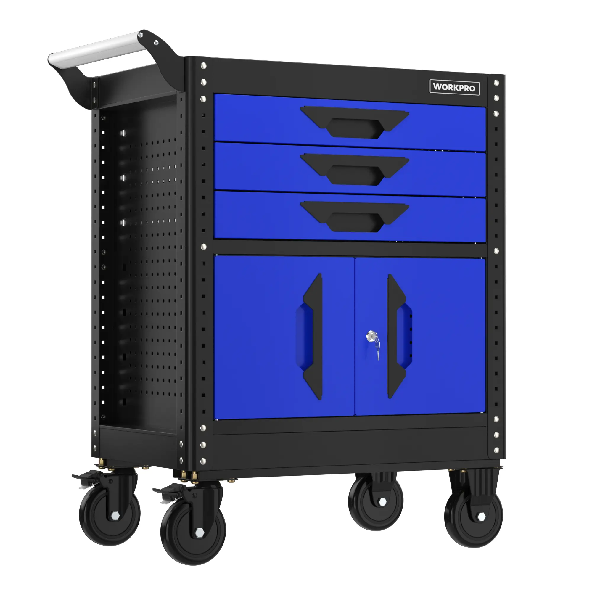 #backtoschool WORKPRO 27.5 Inch 3-Drawer Rolling Tool Chest with Wheels, Portable Steel Tool Cabinets with Drawers, Liners and Locking System for Warehouse, Garage, Black and Blue