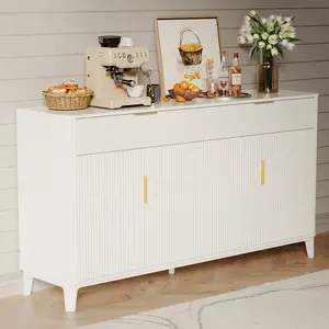 TOKSOM Buffet Sideboard Cabinet with Storage, 55" Fluted Cabinet Storage Cabinet with Drawer & Adjustment Shelf  Modern Console Cabinets for Kitchen, Living Room, Walnut/White