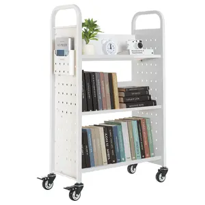 VEVOR Rolling Library Book Cart, 330 lbs Capacity, 30.3 x 15 x 48.0-Inch Library Cart, Single Sided V-Shaped Shelves with 3-Inch Lockable Wheels, Book Truck for Home Shelves Office and School, White