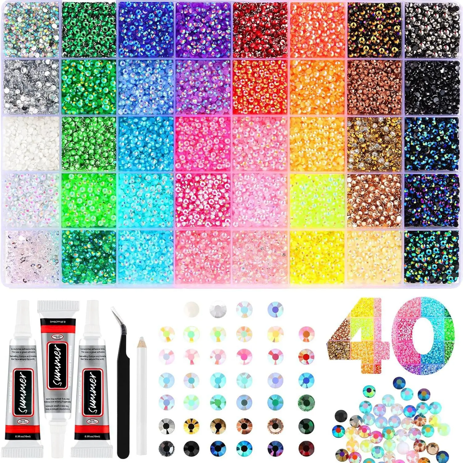 Rhinestone Bedazzling Kit - 40-Color Set with 40000 Pcs 3mm Resin Gemstones, Flatback Gems with Tweezers for Clothing Decor, Jeans & Graduation Hats DIY Embellishing