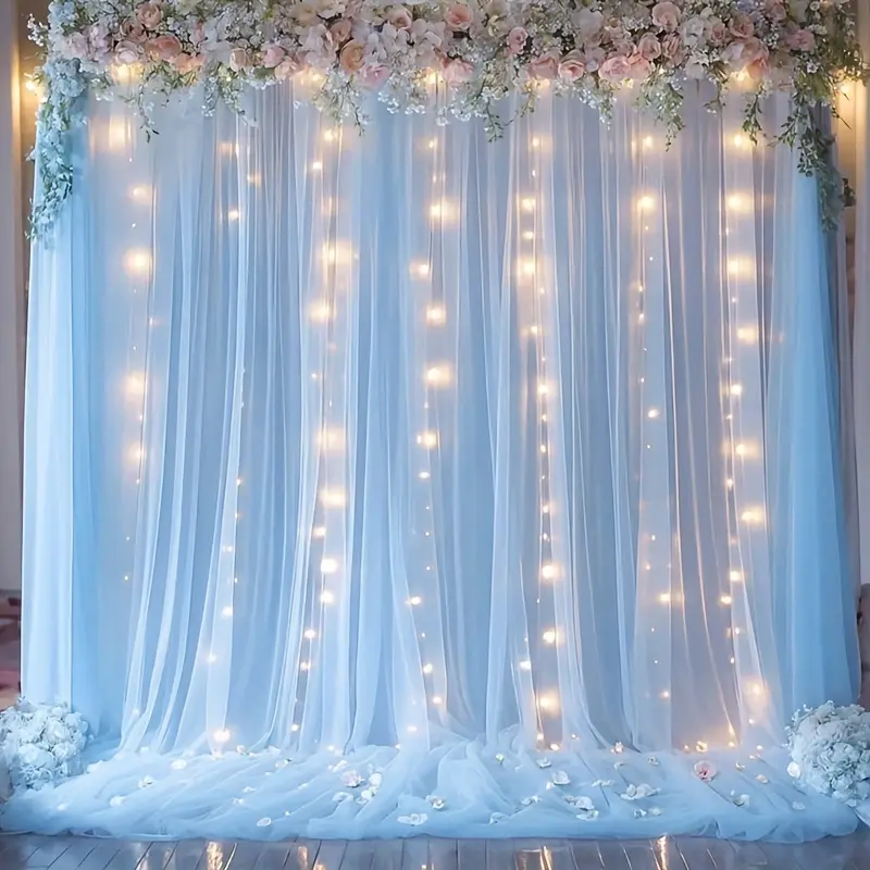 Colorful Sheer Backdrop Curtains with Party Lights (9.84ft x 7.05ft, 1 Set) - Sky Blue, Pink, White, Champagne, Green, Purple - Wedding Shower Fit Draping Festive Backdrops & Banners for Home Decor, Photobooth Props