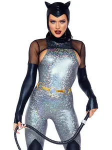 Feline Felon Villain Sexy Halloween Catsuit Costume - Catwoman Cosplay Womenswear Accessories Cap Check