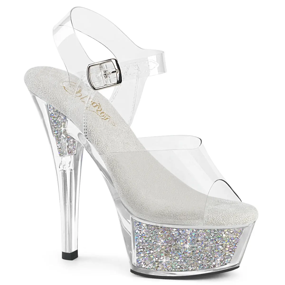 Pleaser Kiss-208RSI Women's 6 Inch Stiletto Heeled Sandals, Elegant Open Toe with Transparent Straps and Rhinestone Platform Sole, Fashionable Heeled Sandals, High Heel Stilettos, Stiletto Sandals