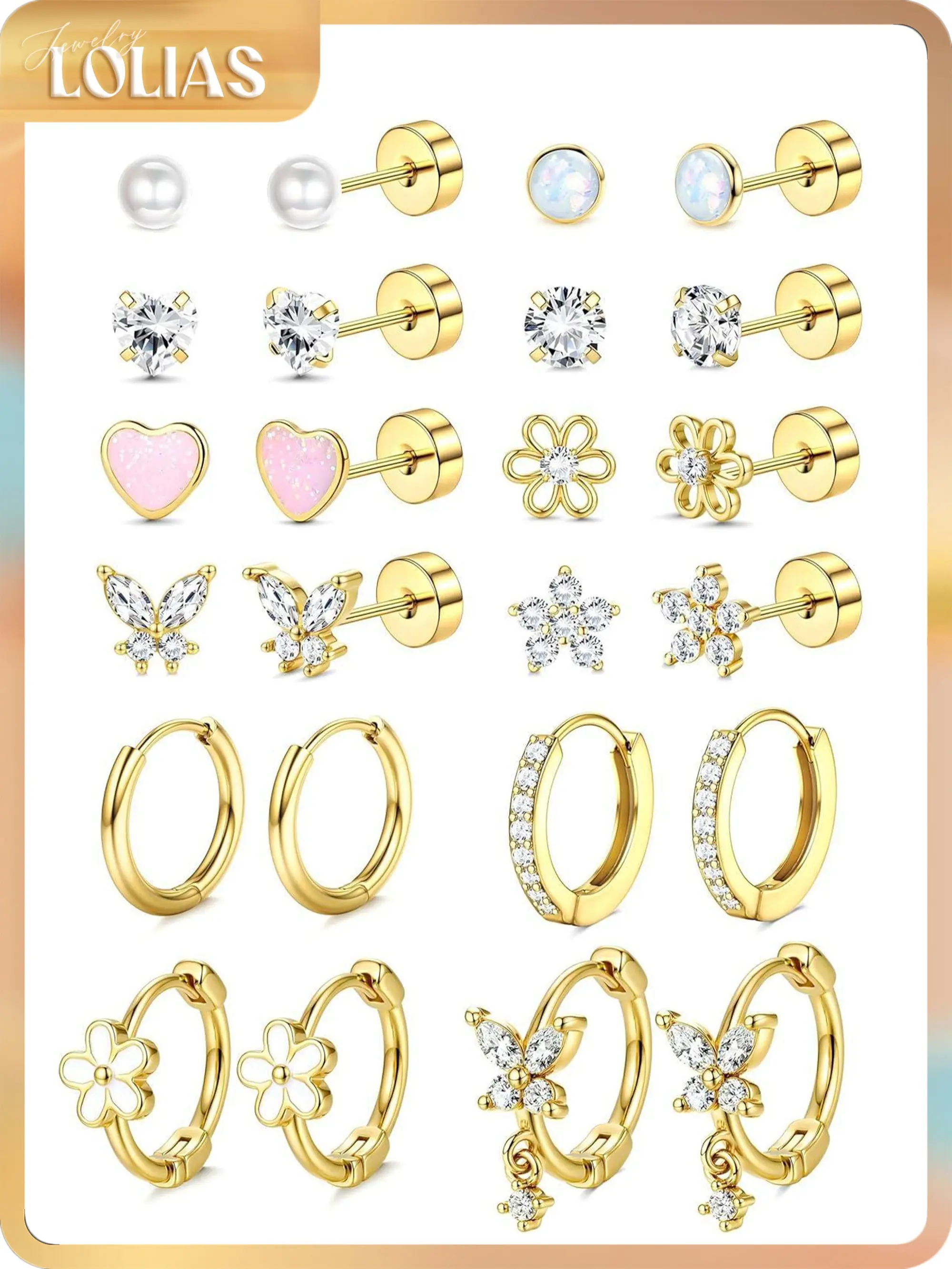 LOLIAS Hypoallergenic Flat Back Earrings for Women Girls-Cute Toddler Kids Teen Girls Earring Set-Surgical Steel Earrings for Sensitive Ears-14K Gold Plated Stainless Steel Flatback Studs Screw Back Small Hoop Cartilage Earring Stacks