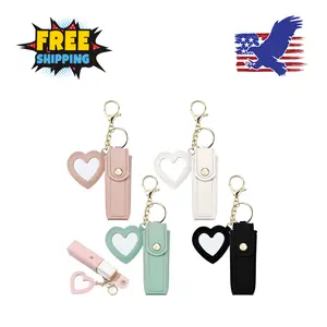 4 PACK PU Leather Potable Chapstick Holder Key Chain with Mirror