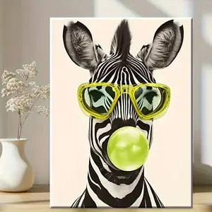 [2D Flat] 1 Unique Style Solid Wood Frame Canvas Painting Strange Black And White Striped Animal, Zebra With Bright Yellow Fashion Glasses Green Bubble Gum_ (1) Perfect For Home Decoration, Festive Occasions Gifts Him/her. Suitable Living Room Bedr