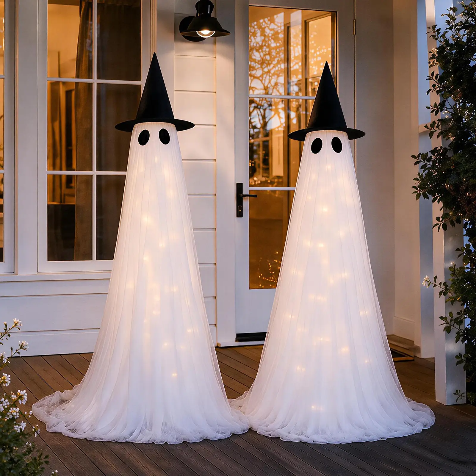 2 Pack Halloween Decorations Outdoor, 5FT Adjustable Light Up Standing Ghosts with Remote Control, Wind-Resistant Large Outdoor Ghost Decor for Porch, Yard, Lawn & Garden