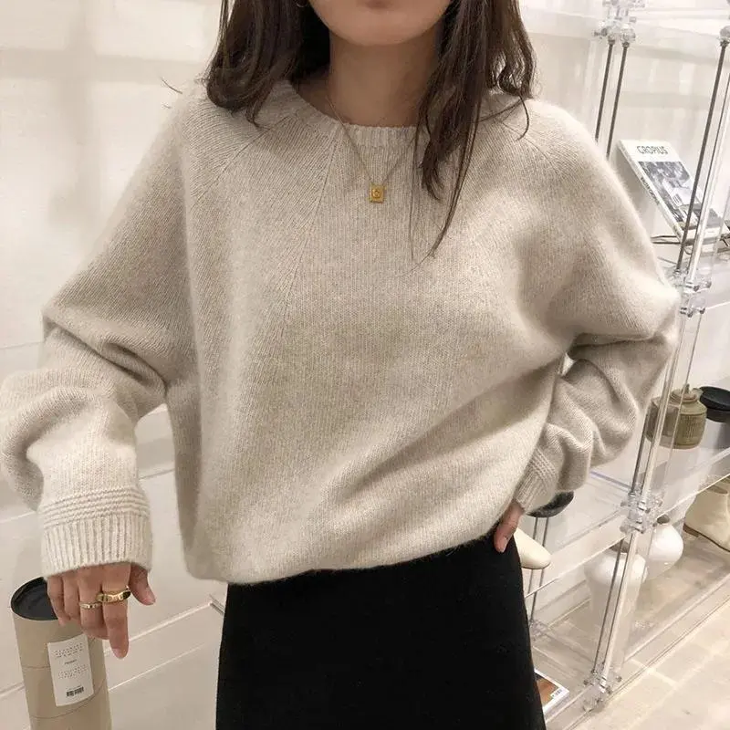 Women's YYW1 Thickened Warm Cashmere Sweater - Fall Winter O-Neck Loose Harajuku Pullover, Multi-Size Solid Simple All-Match Knitwear Jumpers, Sweaters