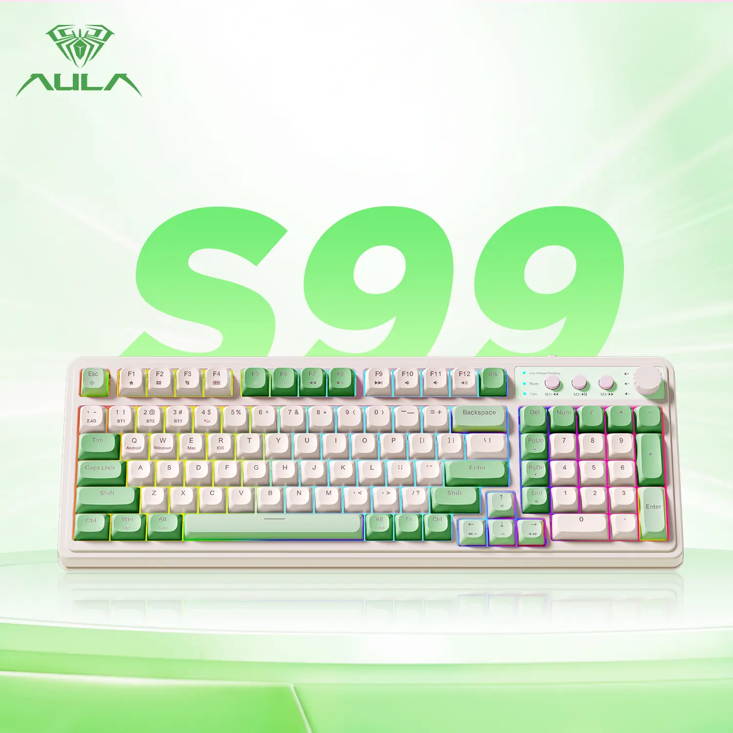 AULA S99 Affordable Gaming Keyboard, Wireless Computer Keyboards, Tri-Mode Bluetooth/2.4GHz/USB-C Custom Creamy Keyboard with Number Pad, RGB Backlit Cute Knob Custom Membrane Keyboards for MAC Xbox PC Gamer