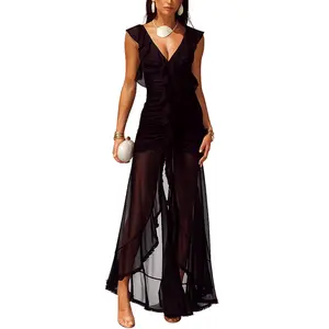 Aprilake Women's Sexy V Neck Bodycon Ruched Frill Ruffle Hem Sheer Mesh Long Maxi Cocktail Evening Dress