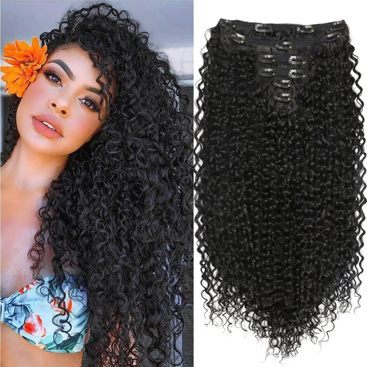 Kinky Curly Clip In Hair Extensions, 26-Inch Heat-Resistant Synthetic Hair for Women, 6-Piece Double Weft Full Head Set with Metal Clips, Valentine's Day, Clip Hair Extensions