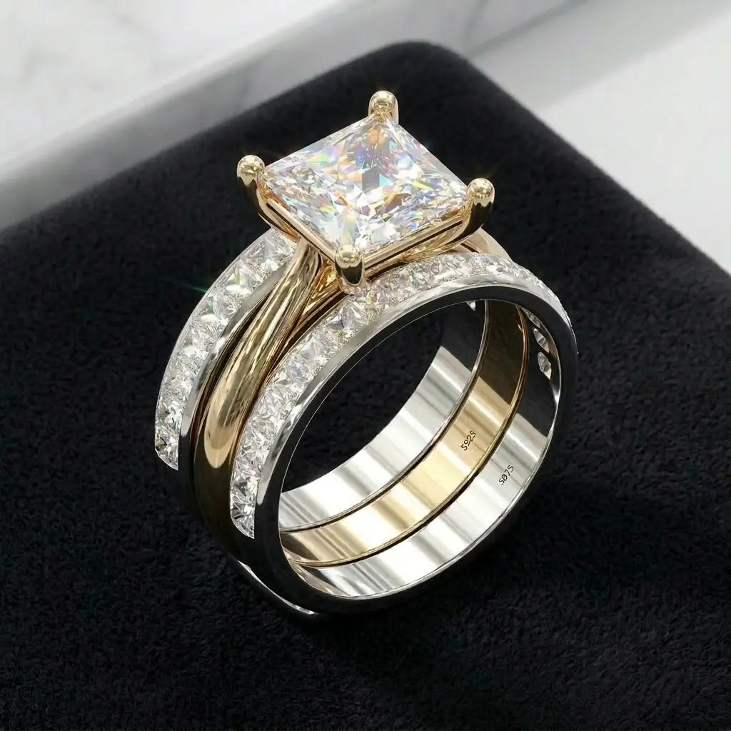 Jzora Women's 3ct Princess Cut 925 Sterling Silver 2-Tone Bridal Set, Engagement & Wedding Ring Jewelry, Ideal Gift for Birthday Anniversary, Wedding Rings