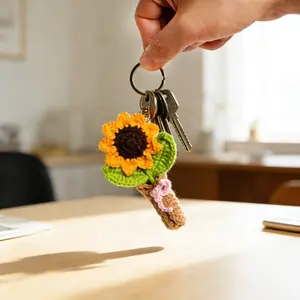 Handmade Crochet Flower Bouquet Keychain, Sunflower Tulip Rose Bag Charm, Aesthetic Car Hanging Ornament, Unique Mother's Day Gift