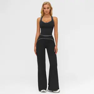 USBOUTIQUE CHIC Women's Sporty Tracksuit Set - Casual Two-Piece Athletic Wear, 78% Nylon 22% Spandex, Ideal for Gym & Daily Activities, H-Shaped Back Design, Bell-Bottom Pants SpringStatements
