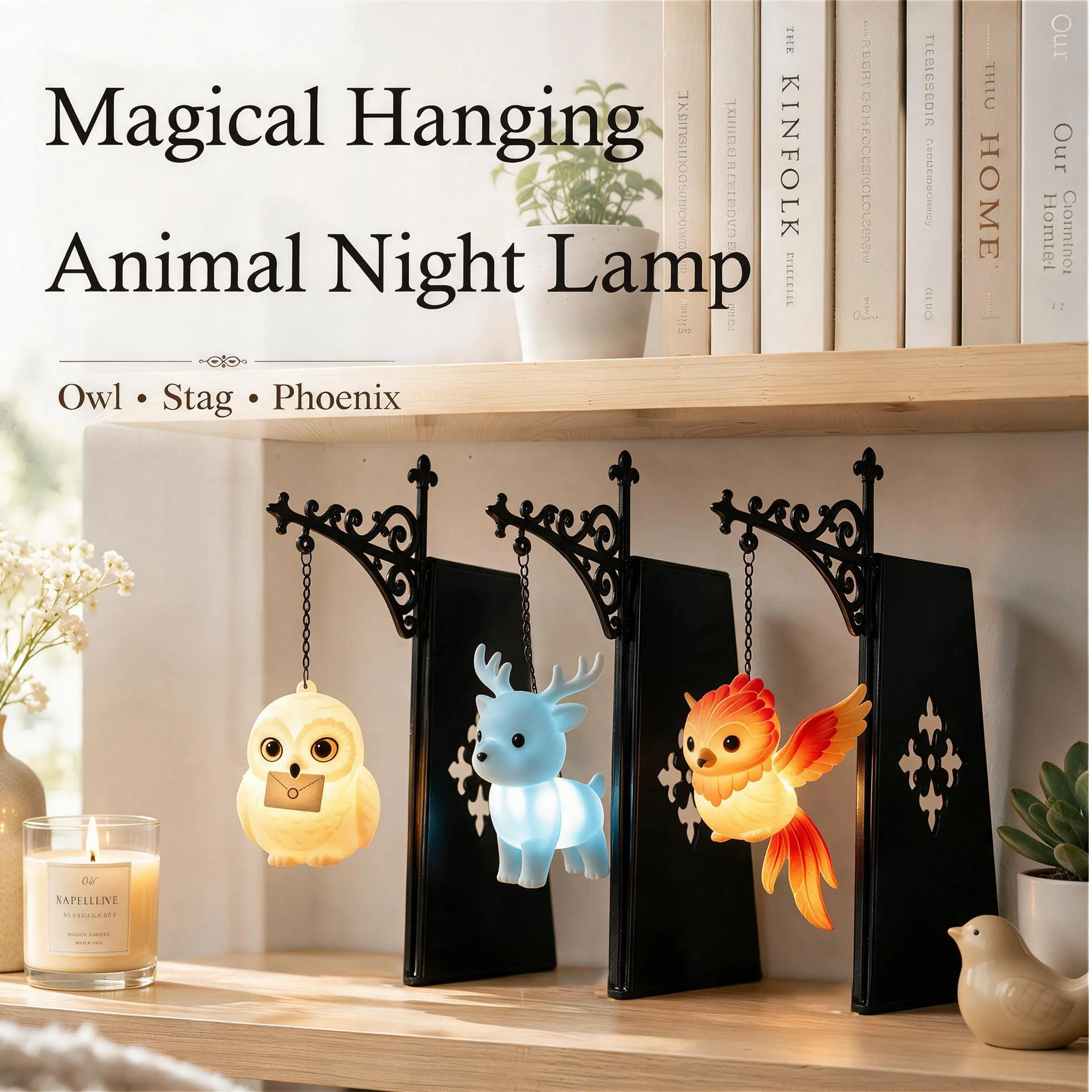 Magical Animal Bookshelf Light, Owl Stag Phoenix LED Decorative Lamp with Warm Glow, Cozy Book Nook Night Light, Bookshelf Decor for Bedroom, Reading Corner, Home Library and Gift for Book Lovers