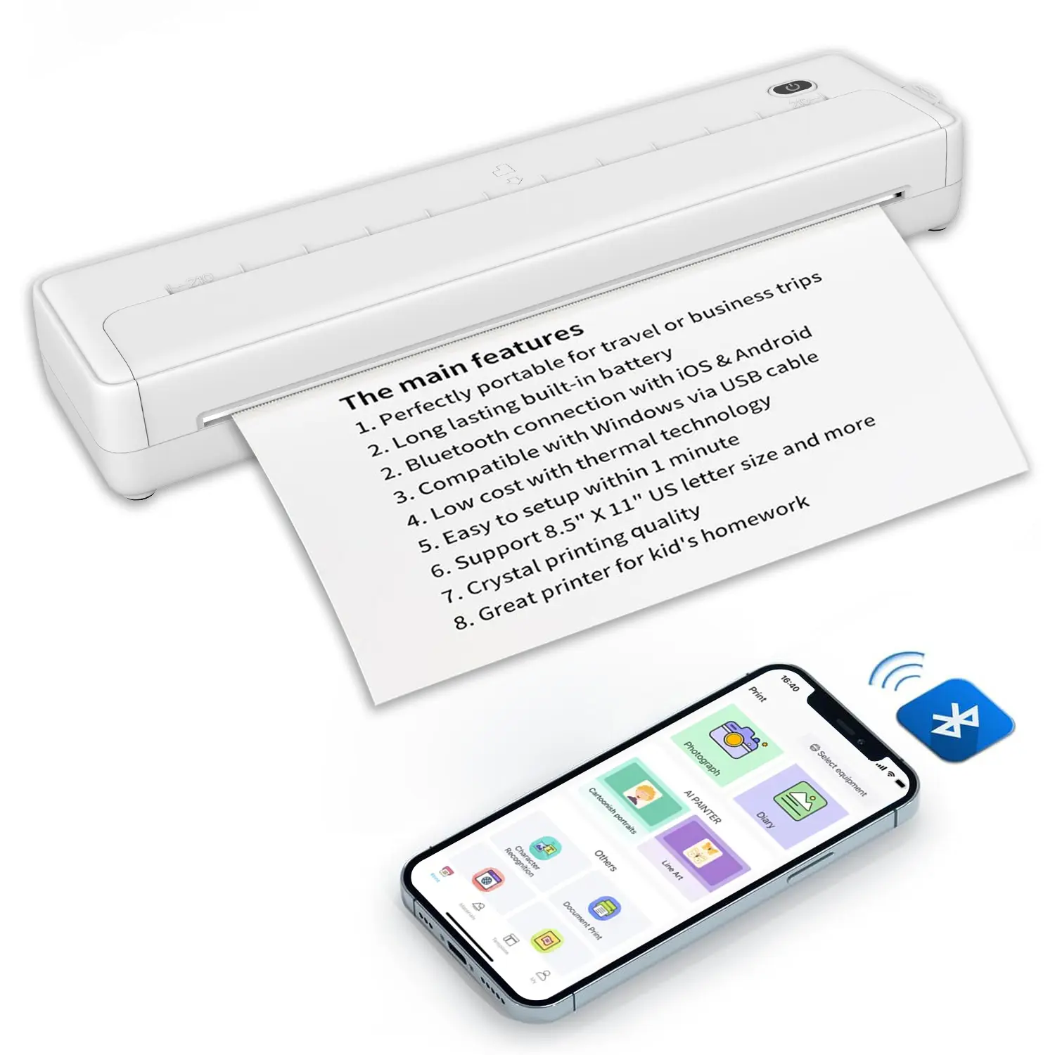 Portable Bluetooth Thermal Printer A4 Inkless for Mobile and Travel Use Support Document Picture Website Page for Home and Office Label Maker