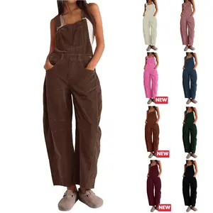 Corduroy Overalls for Women Barrel Wide Leg Bib Corduroy Pants Women Adjustable Romper Jumpsuit with Side Buttons and Pockets for Loose Fit Outfits