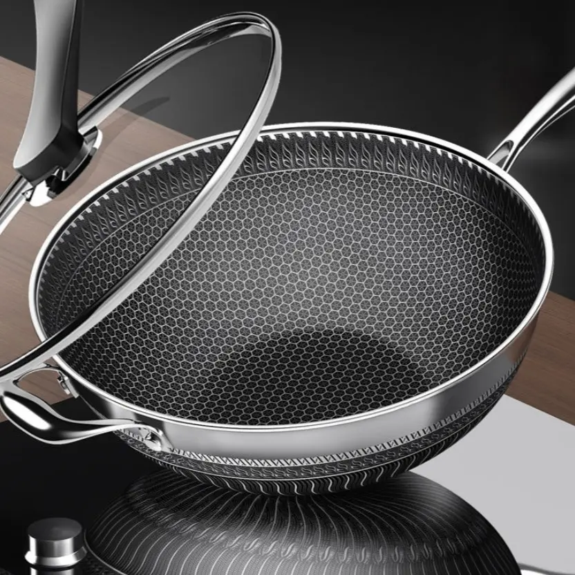 CNCEST 13.4" Professional 316 Surgical-Grade Steel Wok - Magnetic Steel Pot with Honeycomb Anti-Adhesive Non-Stick Coating, Heat Resistance, Nonstick Durable Cooking, Glass Lid Included, Gas & Induction-Powered Compatible, Anti-Adhesive Non-Stick Pots